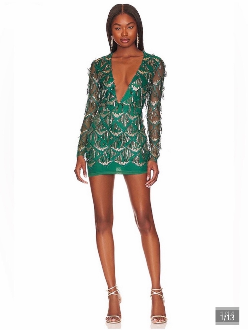 SUPERDOWN Nia Sequin Fringe Dress in Dark Green S Small Long Sleeve Mesh Vneck